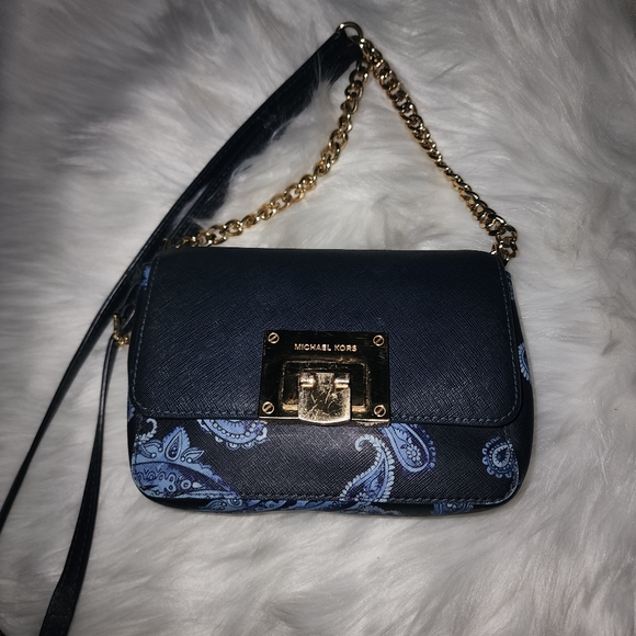 AUTHENTIC MICHAEL KORS crossover purse saffiano leather blue tone - Picture 1 of 16